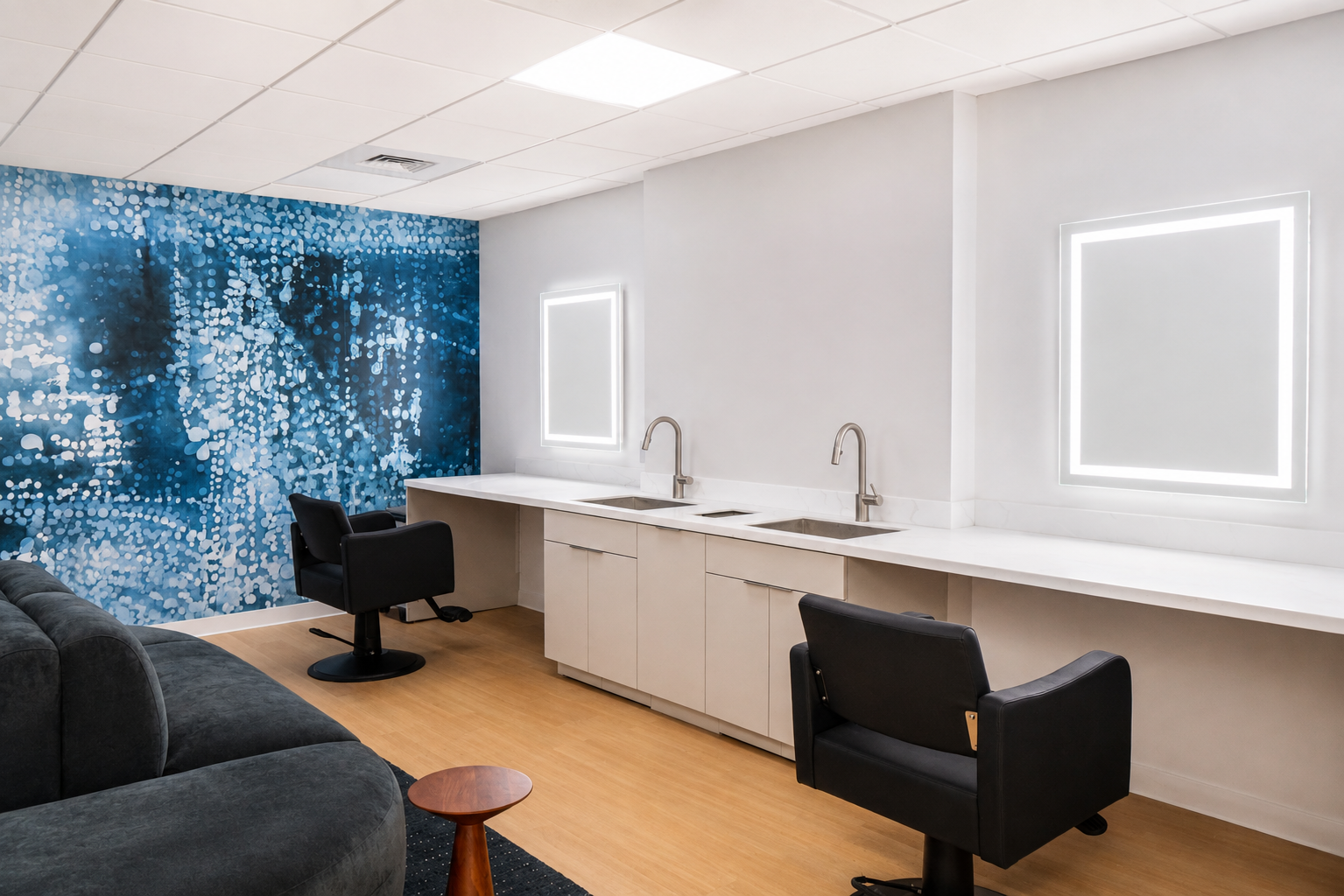 The printed mural wall running behind a counter of styling stations, CBS Broadcast