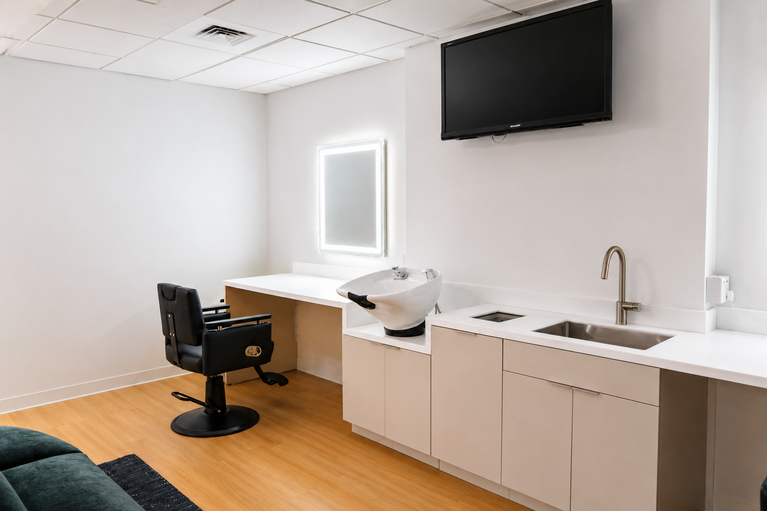 A backwash bowl and faucet set into the station counter, CBS Broadcast