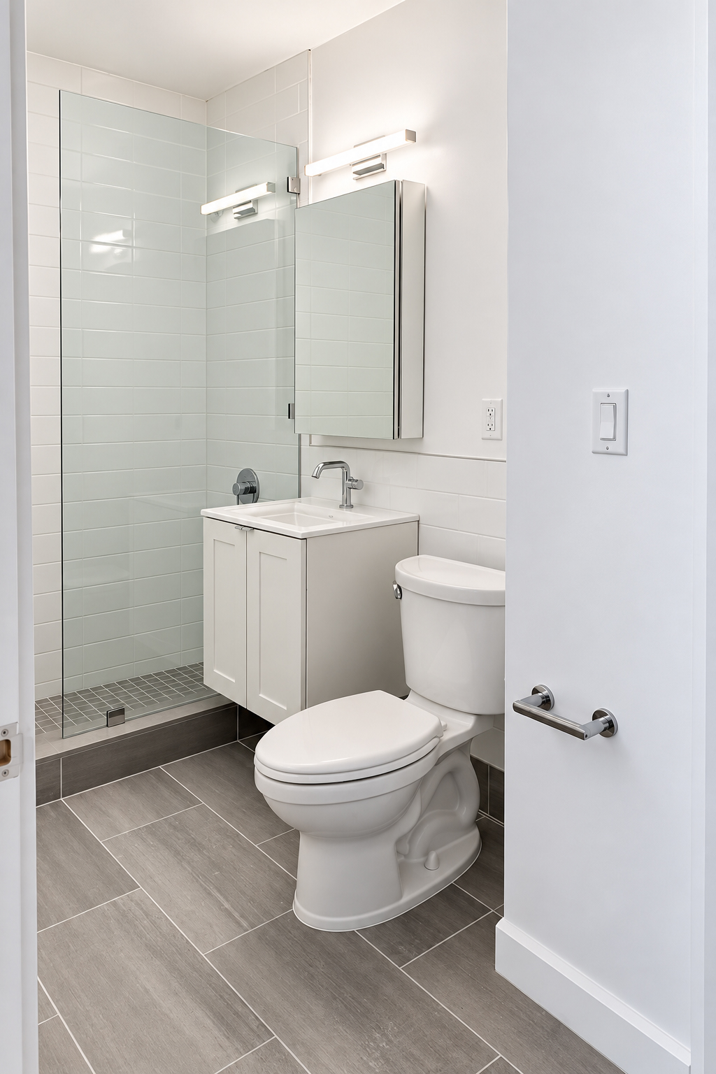 Bathroom with a shaker vanity and medicine cabinet, light bars above, and a frameless glass shower beside it