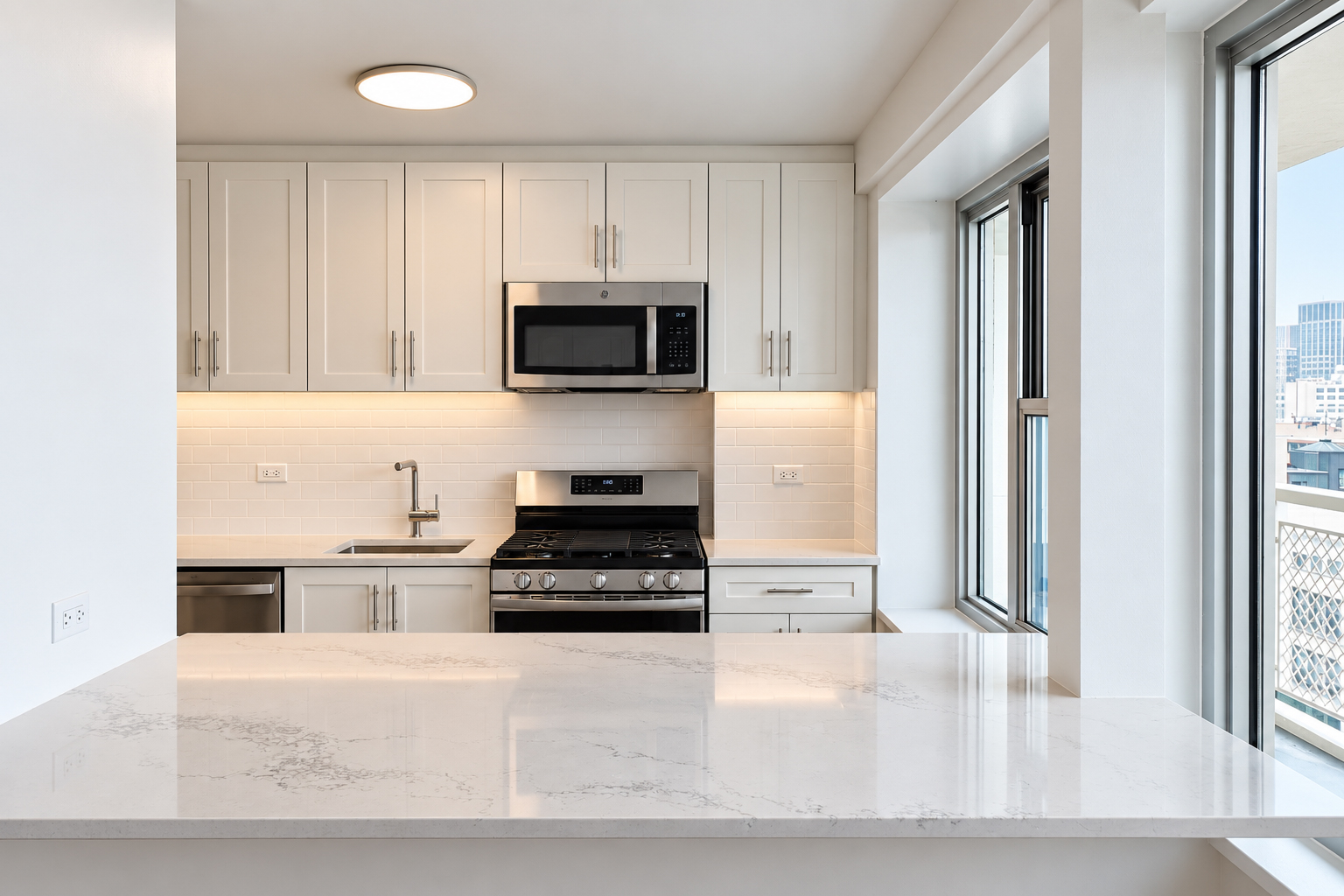 Renovated kitchen behind a long white stone counter: shaker cabinets, stainless range and microwave, subway tile lit from under the cabinets, and a window onto the city