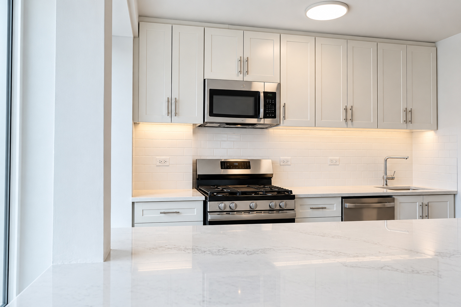 The full kitchen run seen across the counter: range, sink and dishwasher under one counter, wall cabinets above