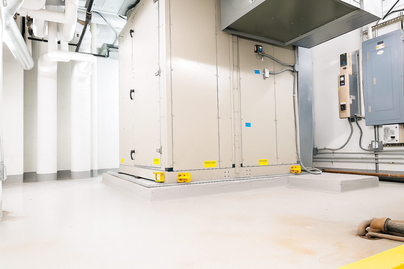New air-handling unit set on a raised housekeeping pad in the mechanical equipment room, with panels and disconnect on the wall beyond