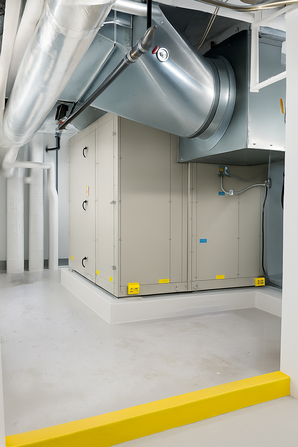 Round and rectangular duct turning into the unit overhead, with the painted safety curb and sealed floor below