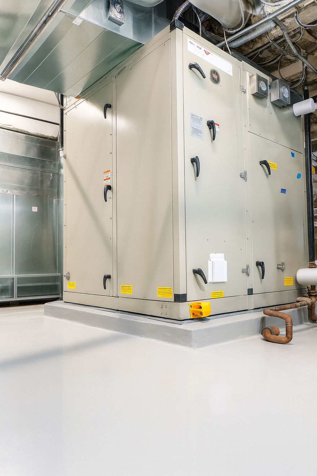 The air-handling unit from the corner, access doors and their handles along both faces, pad and pipe stub-out below